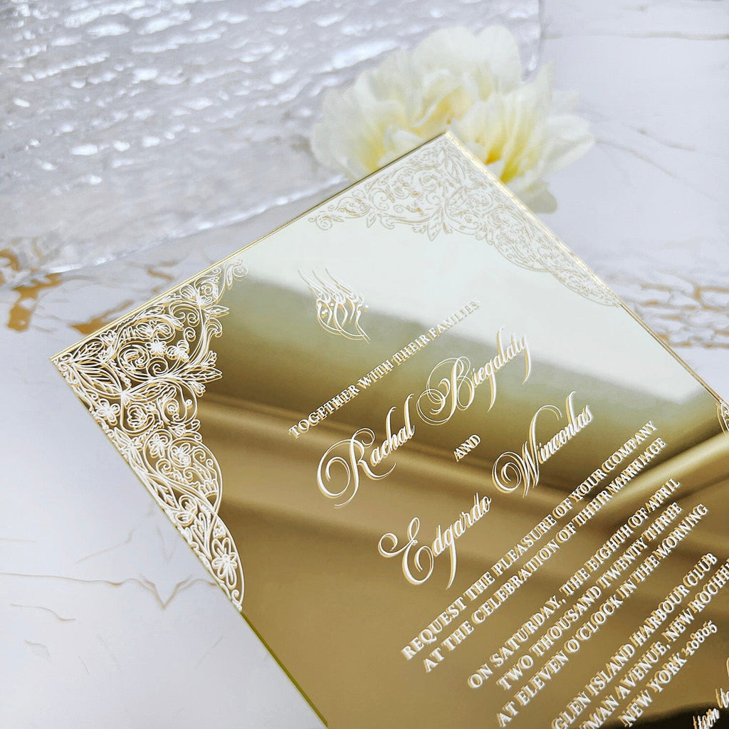 Luxury Gold Mirror Acrylic Wedding Invitation, Elegant Floral Frame and Personalized Monogram Invites, Minimalist Gold Acrylic Invites Wedding Ceremony Supplies Picky Bride 