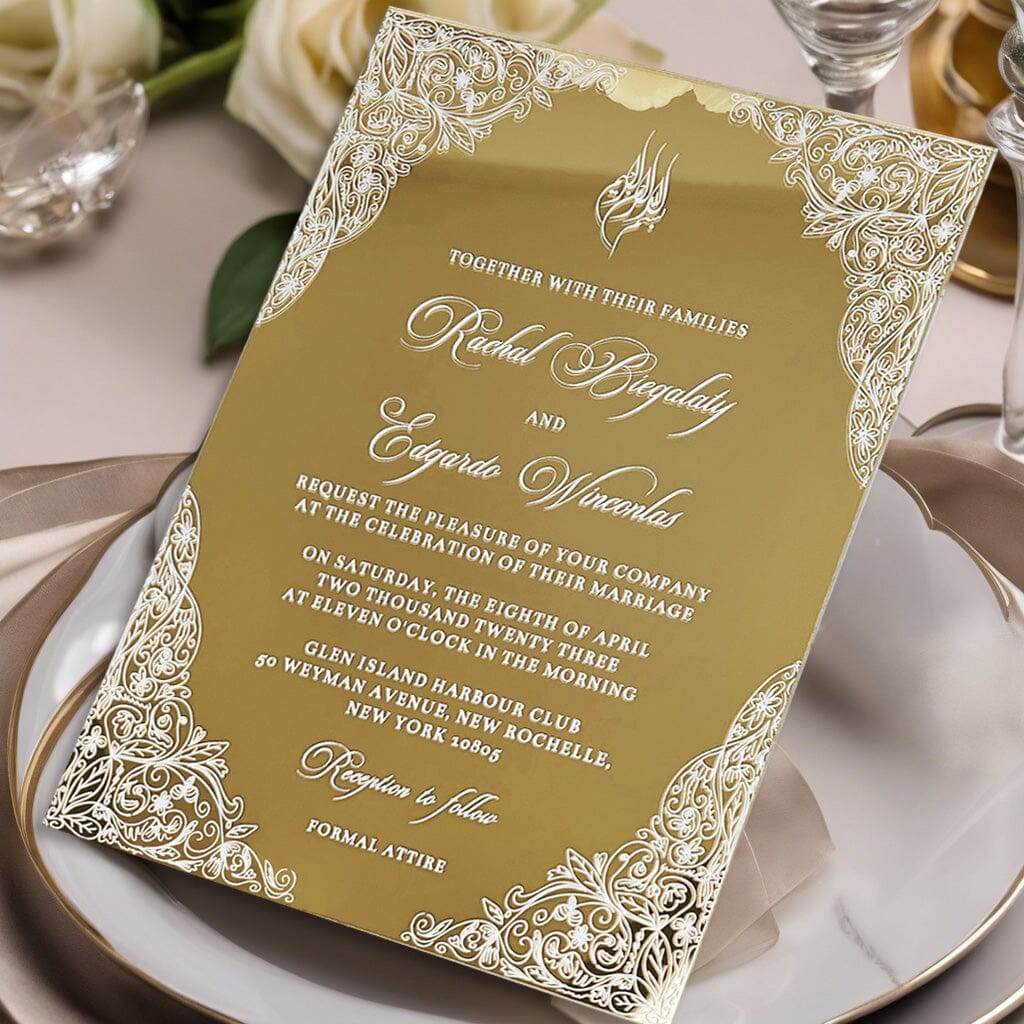 Luxury Gold Mirror Acrylic Wedding Invitation, Elegant Floral Frame and Personalized Monogram Invites, Minimalist Gold Acrylic Invites Wedding Ceremony Supplies Picky Bride 