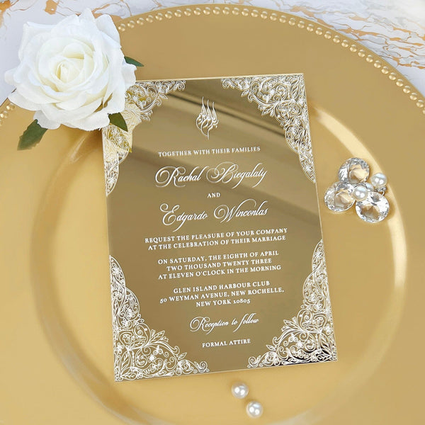Luxury Gold Mirror Acrylic Wedding Invitation, Elegant Floral Frame and Personalized Monogram Invites, Minimalist Gold Acrylic Invites Wedding Ceremony Supplies Picky Bride 
