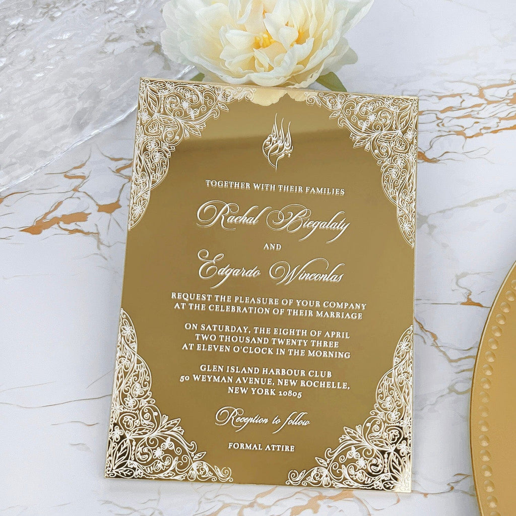 Luxury Gold Mirror Acrylic Wedding Invitation, Elegant Floral Frame and Personalized Monogram Invites, Minimalist Gold Acrylic Invites Wedding Ceremony Supplies Picky Bride 