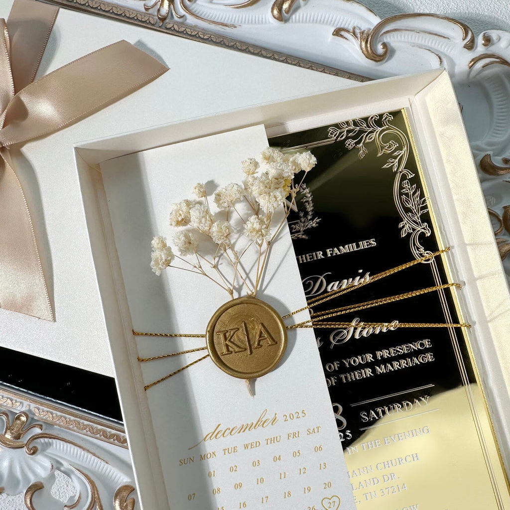 Luxury Gold Mirror Acrylic Wedding Invitation Set: Gold Wax Seal and Botany, Ivory Cover with Save the Date Foiled, Silk Ribbon Box Wedding Ceremony Supplies Picky Bride 