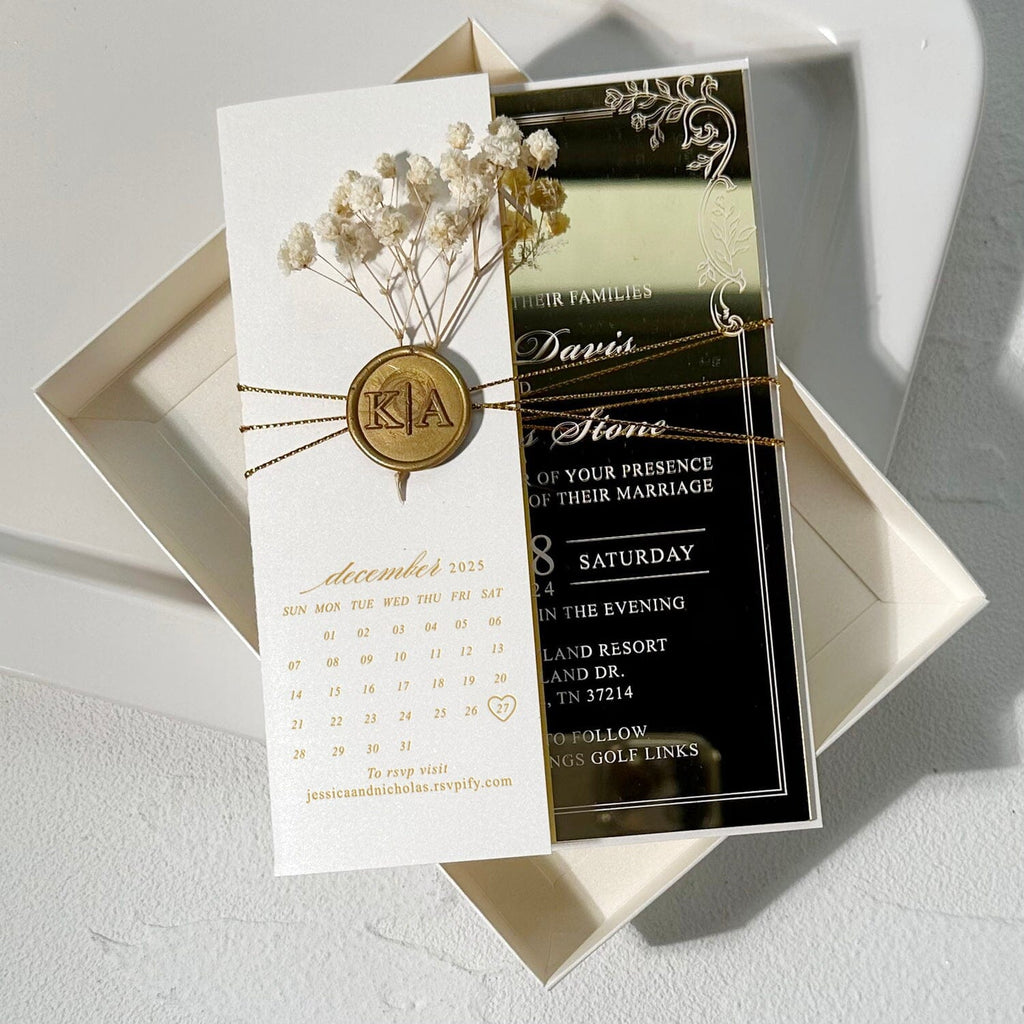 Luxury Gold Mirror Acrylic Wedding Invitation Set: Gold Wax Seal and Botany, Ivory Cover with Save the Date Foiled, Silk Ribbon Box Wedding Ceremony Supplies Picky Bride 