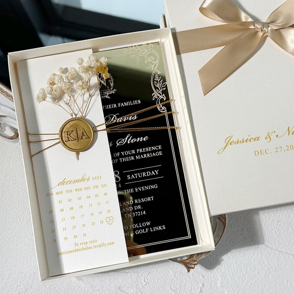 Luxury Gold Mirror Acrylic Wedding Invitation Set: Gold Wax Seal and Botany, Ivory Cover with Save the Date Foiled, Silk Ribbon Box Wedding Ceremony Supplies Picky Bride 