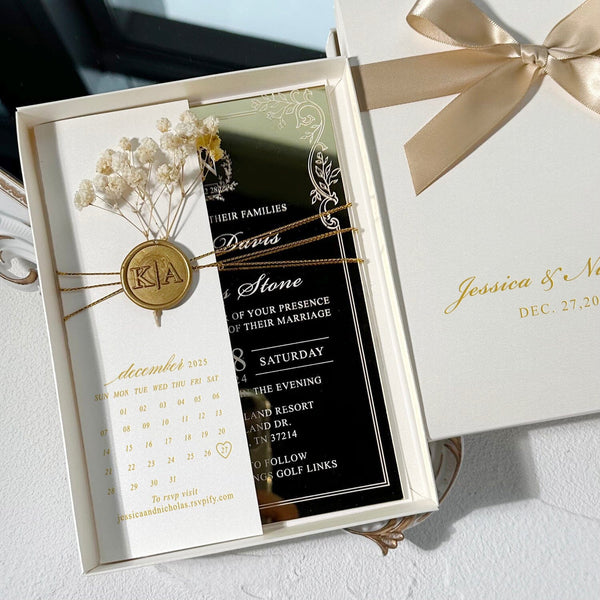 Luxury Gold Mirror Acrylic Wedding Invitation Set: Gold Wax Seal and Botany, Ivory Cover with Save the Date Foiled, Silk Ribbon Box Wedding Ceremony Supplies Picky Bride 