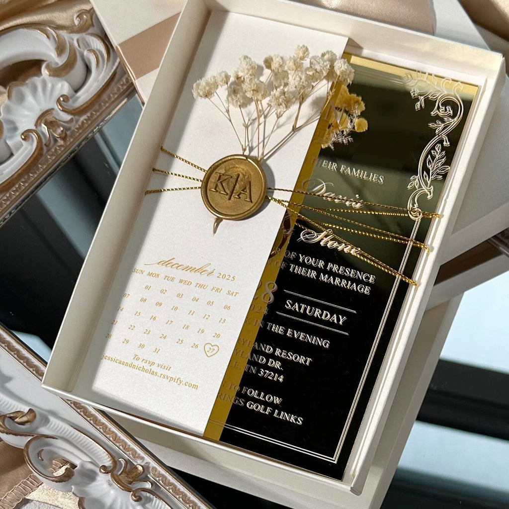 Luxury Gold Mirror Acrylic Wedding Invitation Set: Gold Wax Seal and Botany, Ivory Cover with Save the Date Foiled, Silk Ribbon Box Wedding Ceremony Supplies Picky Bride 