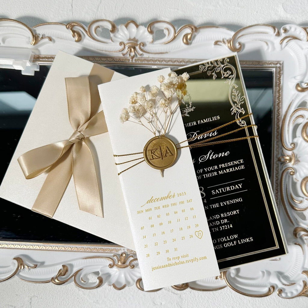 Luxury Gold Mirror Acrylic Wedding Invitation Set: Gold Wax Seal and Botany, Ivory Cover with Save the Date Foiled, Silk Ribbon Box Wedding Ceremony Supplies Picky Bride 