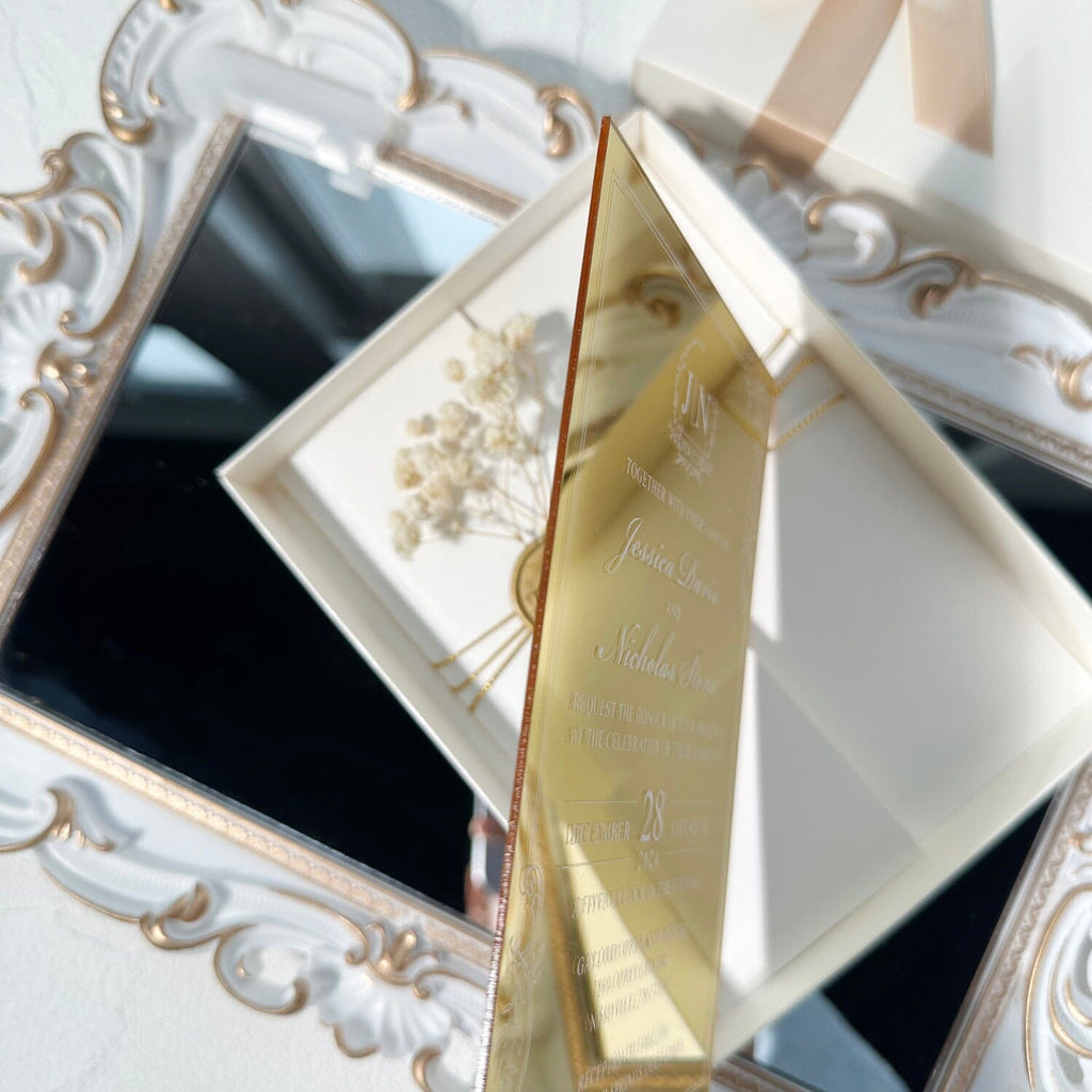 Luxury Gold Mirror Acrylic Wedding Invitation Set: Gold Wax Seal and Botany, Ivory Cover with Save the Date Foiled, Silk Ribbon Box Wedding Ceremony Supplies Picky Bride 