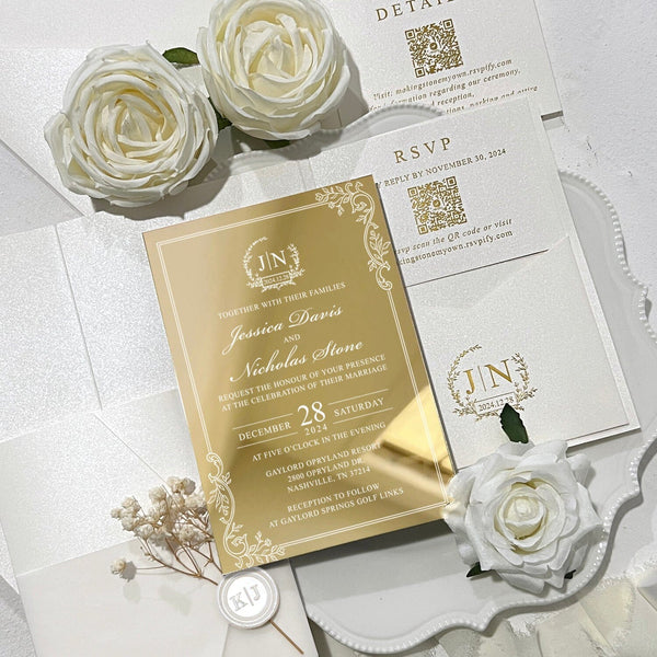 Luxury Gold Mirror Wedding Invitation Set, Elegant Botanical and Gold Foil Pocket Invites, Mirror Acrylic Wedding Invitations with Personalized Monogram, QR Code RSVP Wedding Ceremony Supplies Picky Bride 