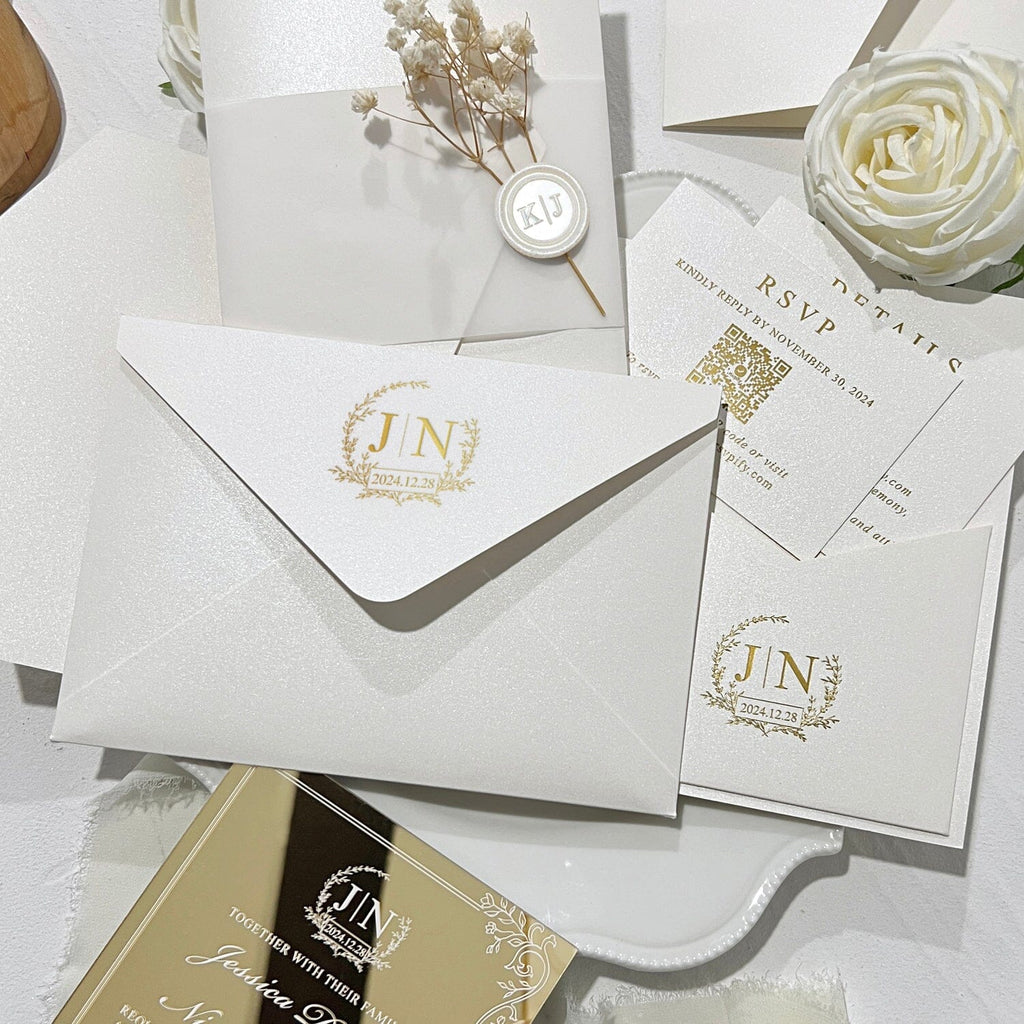 Luxury Gold Mirror Wedding Invitation Set, Elegant Botanical and Gold Foil Pocket Invites, Mirror Acrylic Wedding Invitations with Personalized Monogram, QR Code RSVP Wedding Ceremony Supplies Picky Bride 