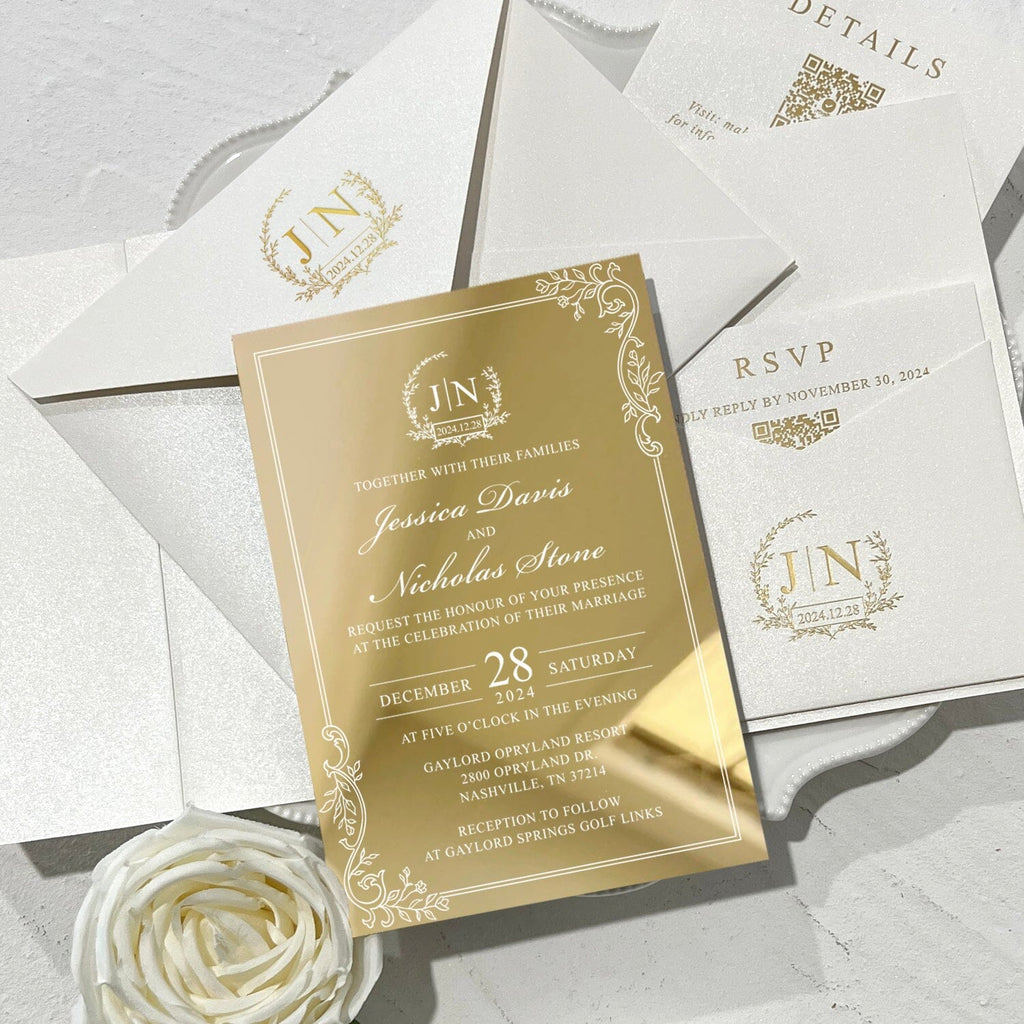 Luxury Gold Mirror Wedding Invitation Set, Elegant Botanical and Gold Foil Pocket Invites, Mirror Acrylic Wedding Invitations with Personalized Monogram, QR Code RSVP Wedding Ceremony Supplies Picky Bride 