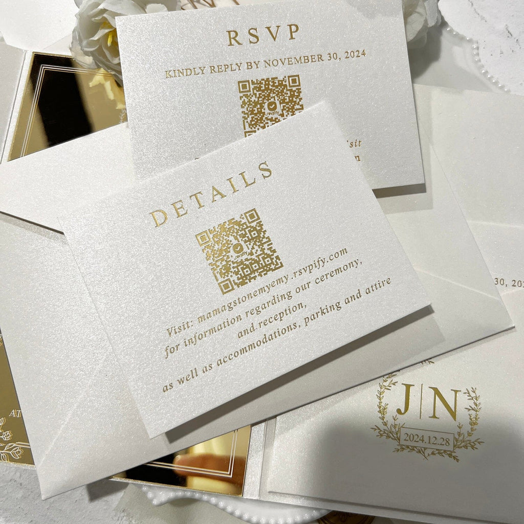 Luxury Gold Mirror Wedding Invitation Set, Elegant Botanical and Gold Foil Pocket Invites, Mirror Acrylic Wedding Invitations with Personalized Monogram, QR Code RSVP Wedding Ceremony Supplies Picky Bride 