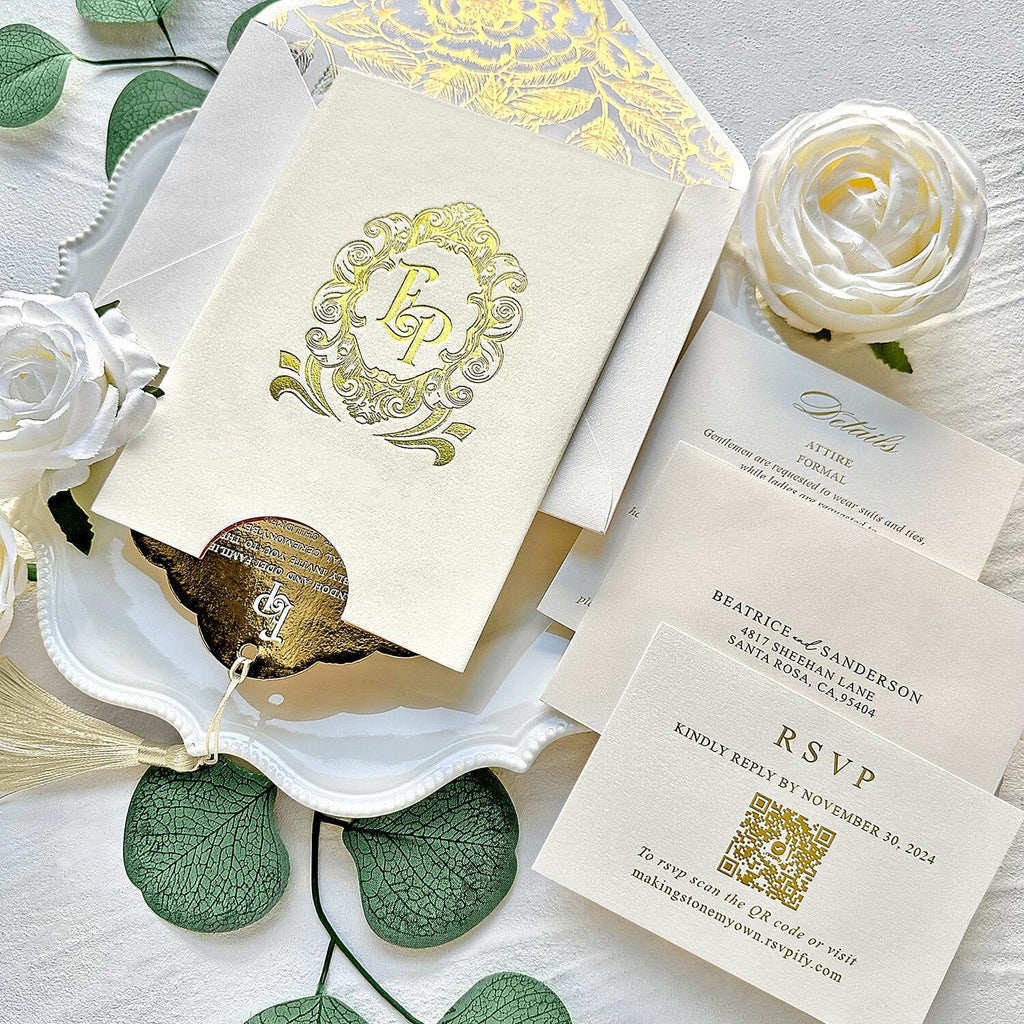 Luxury Gold Velvet Wedding Invitations, Elegant Ivory Pocket and Gold Glitter Paper Invites, Personalized Gold Foil Monogram and QR Code RSVP Wedding Ceremony Supplies Picky Bride 