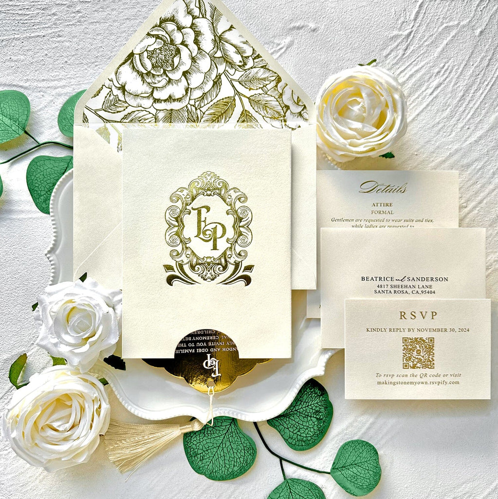 Luxury Gold Velvet Wedding Invitations, Elegant Ivory Pocket and Gold Glitter Paper Invites, Personalized Gold Foil Monogram and QR Code RSVP Wedding Ceremony Supplies Picky Bride 