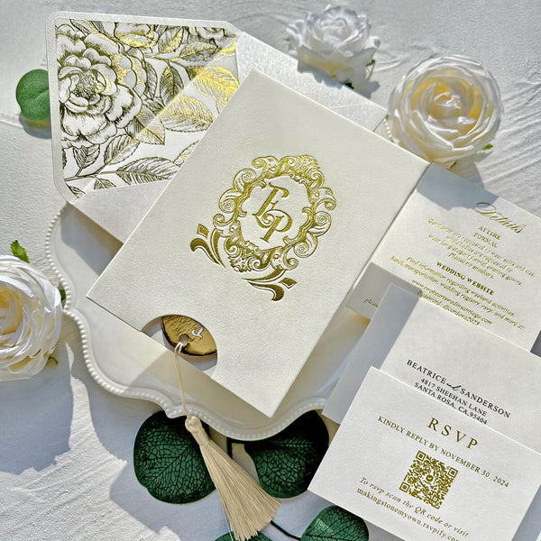 Luxury Gold Velvet Wedding Invitations, Elegant Ivory Pocket and Gold Glitter Paper Invites, Personalized Gold Foil Monogram and QR Code RSVP Wedding Ceremony Supplies Picky Bride 