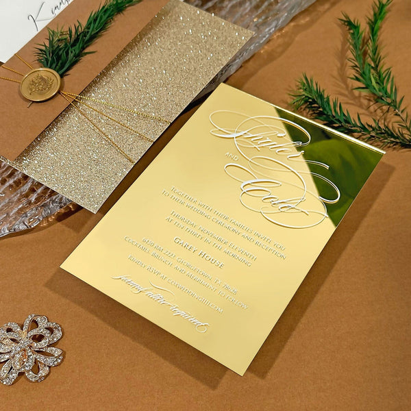 Luxury Mirror Gold Acrylic Pocket Wedding Invitations, Vintage Beige Velvet Cover Invites with Glitter Lined, Elegant Handmade Botanical and Wax Seal Invitation Wedding Ceremony Supplies Picky Bride 