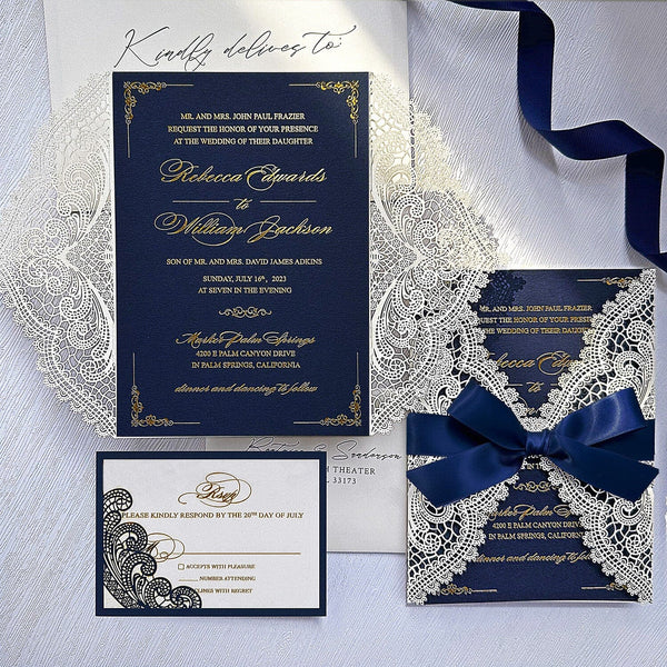 Luxury Navy and Gold Foil Wedding Invitation, Elegant Lace Laser Cut Covers Invites with RSVP Cards and Addressing Envelopes Wedding Ceremony Supplies Picky Bride 