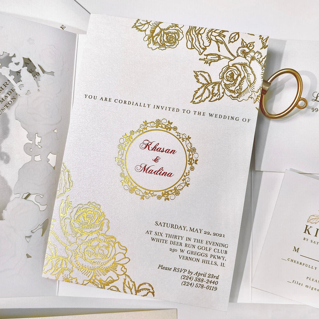 Luxury Tri-Fold Wedding Invitation Set, Gold Foil Rose Wedding Invites, Laser Cut Wedding Invitations Wedding Ceremony Supplies Picky Bride 