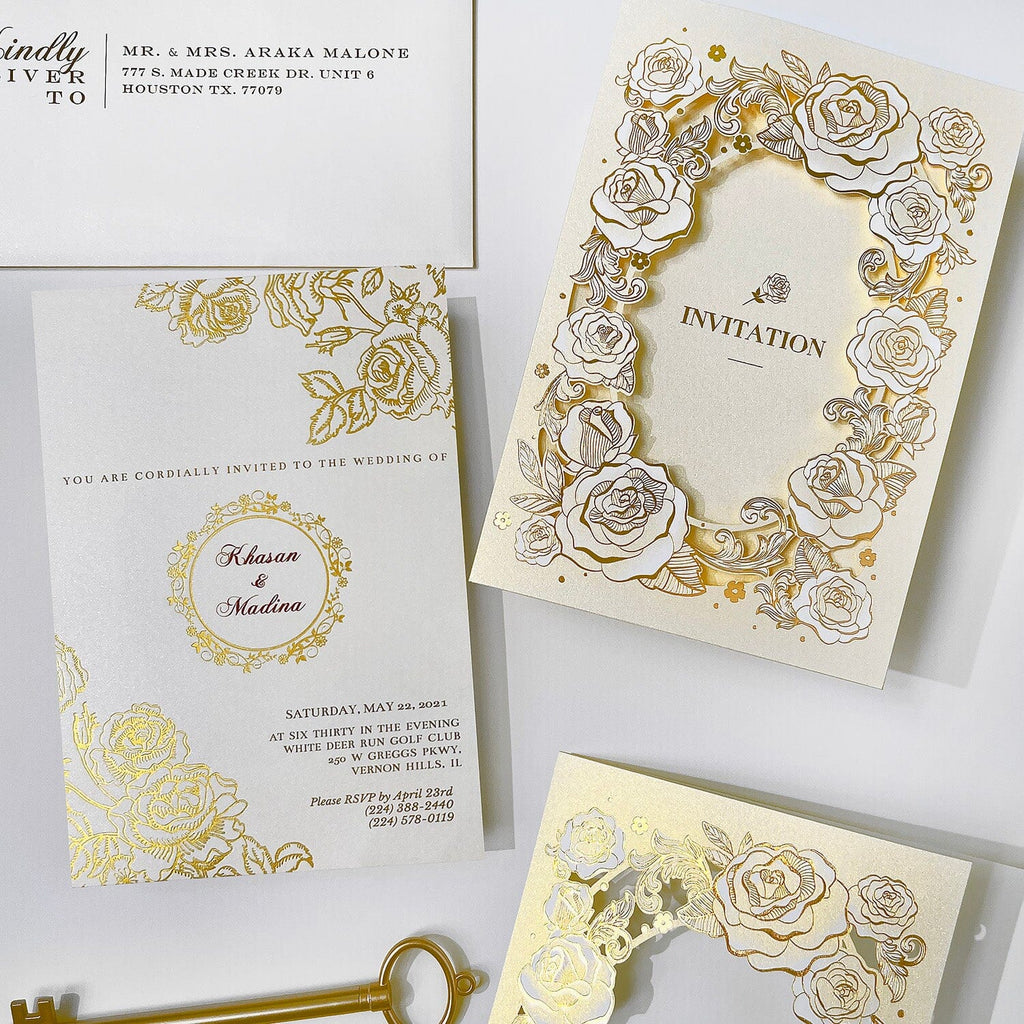 Luxury Tri-Fold Wedding Invitation Set, Gold Foil Rose Wedding Invites, Laser Cut Wedding Invitations Wedding Ceremony Supplies Picky Bride 