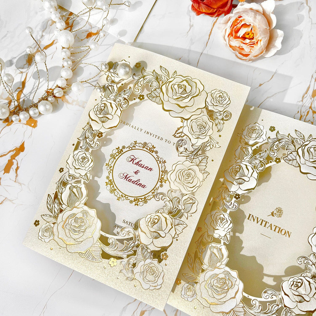 Luxury Tri-Fold Wedding Invitation Set, Gold Foil Rose Wedding Invites, Laser Cut Wedding Invitations Wedding Ceremony Supplies Picky Bride 