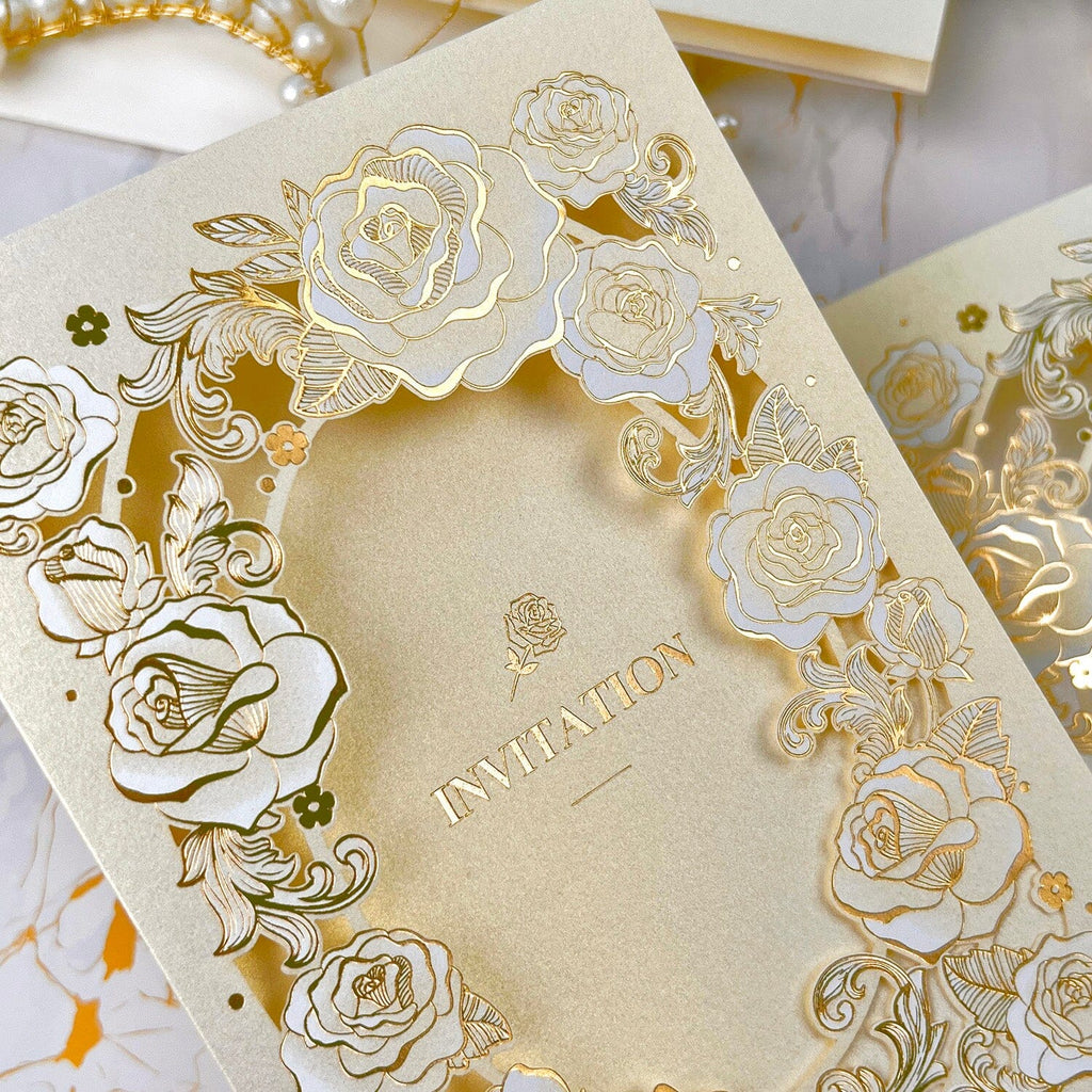 Luxury Tri-Fold Wedding Invitation Set, Gold Foil Rose Wedding Invites, Laser Cut Wedding Invitations Wedding Ceremony Supplies Picky Bride 