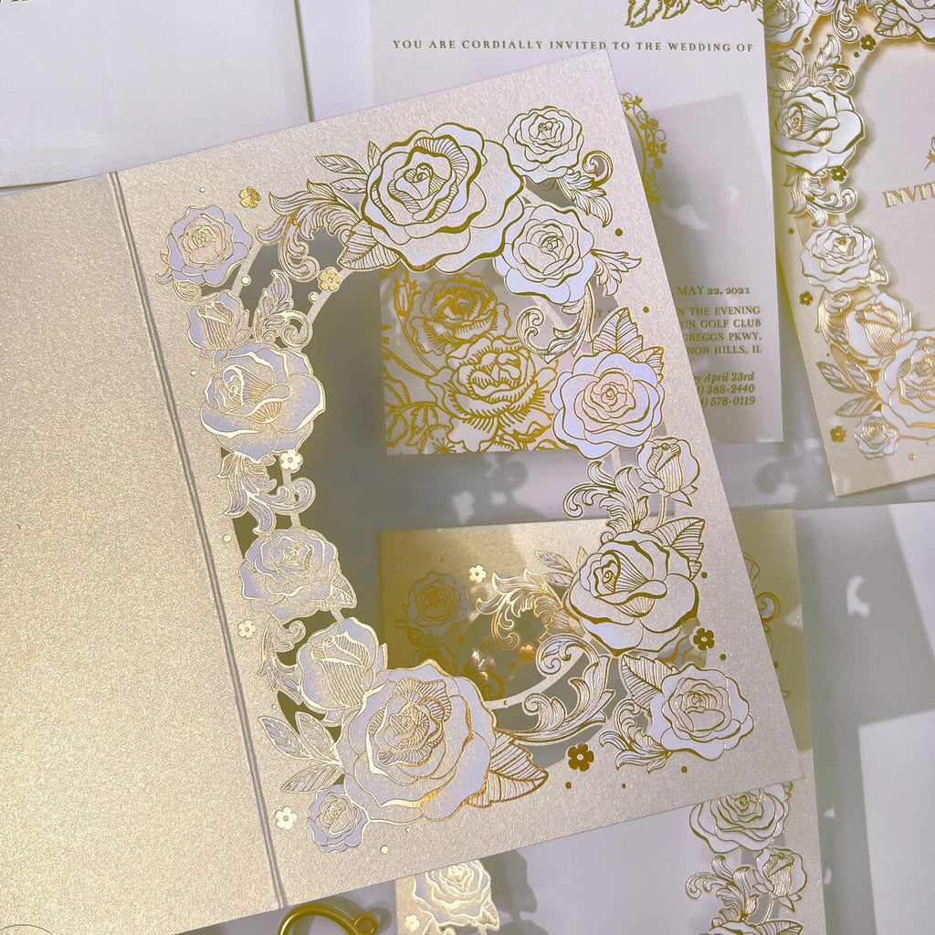 Luxury Tri-Fold Wedding Invitation Set, Gold Foil Rose Wedding Invites, Laser Cut Wedding Invitations Wedding Ceremony Supplies Picky Bride 