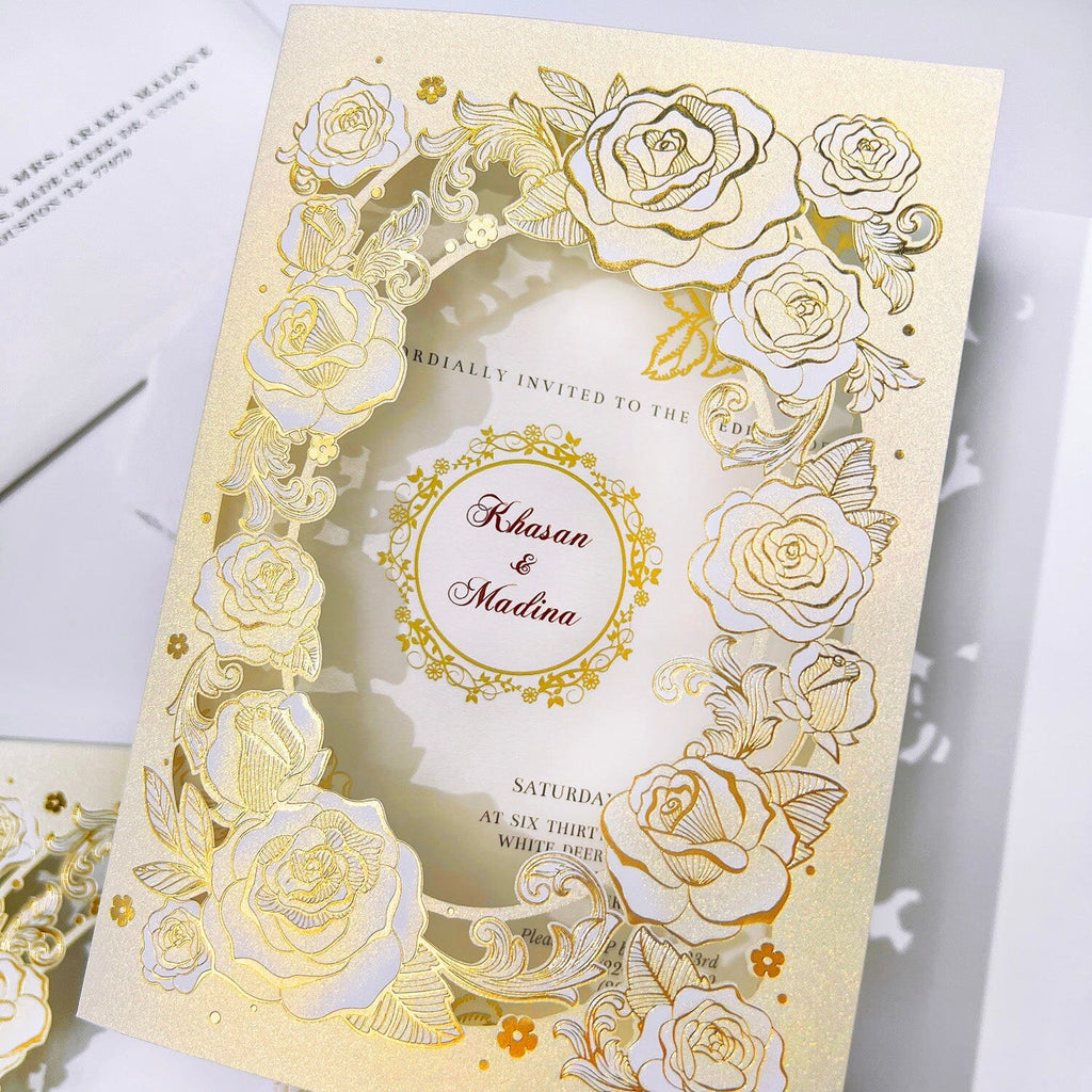 Luxury Tri-Fold Wedding Invitation Set, Gold Foil Rose Wedding Invites, Laser Cut Wedding Invitations Wedding Ceremony Supplies Picky Bride 