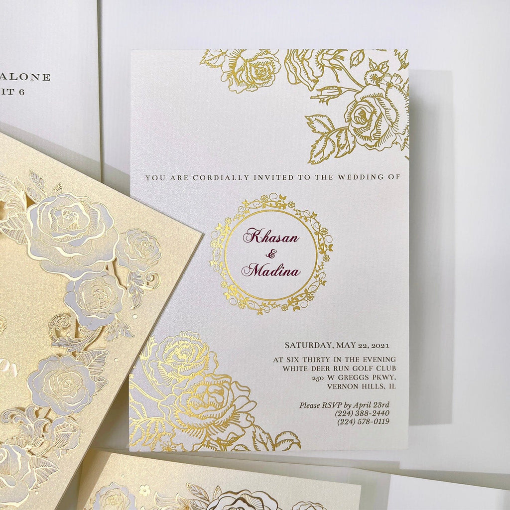 Luxury Tri-Fold Wedding Invitation Set, Gold Foil Rose Wedding Invites, Laser Cut Wedding Invitations Wedding Ceremony Supplies Picky Bride 