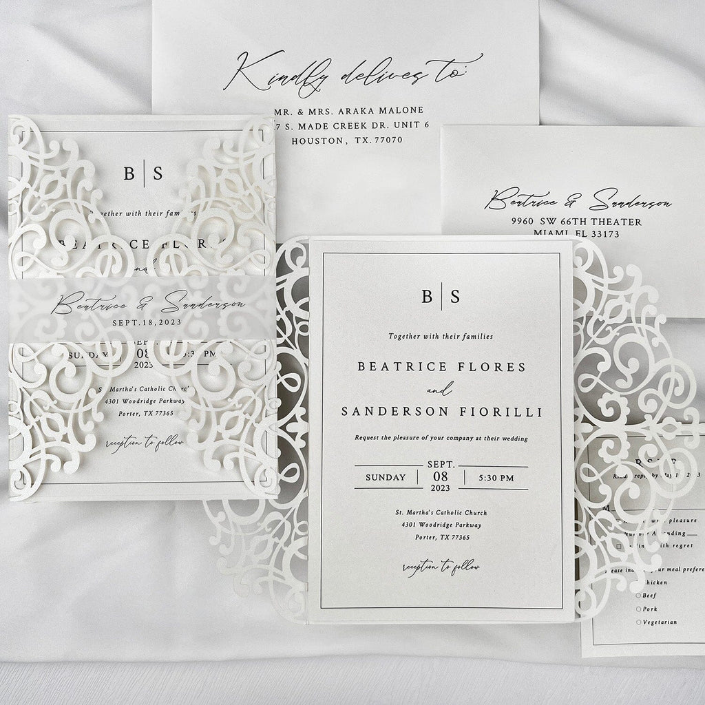 Minimalism White Wedding Invitations, 5x7 Laser Cut Invites Cards and Vellum Bellyband Picky Bride 