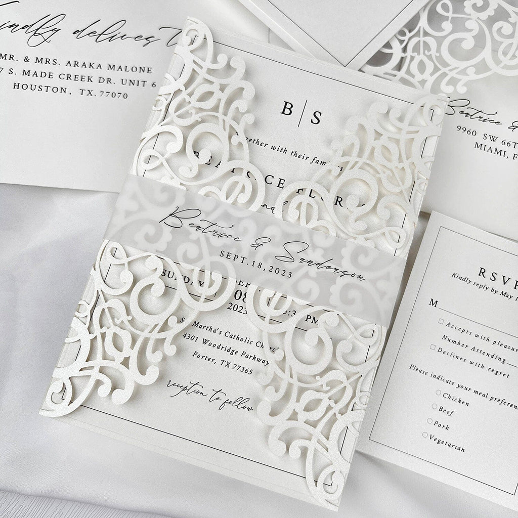 Minimalism White Wedding Invitations, 5x7 Laser Cut Invites Cards and Vellum Bellyband Picky Bride 