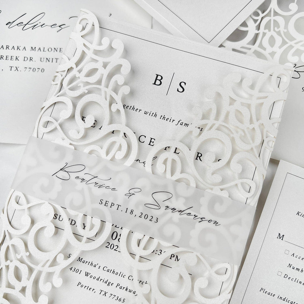Minimalism White Wedding Invitations, 5x7 Laser Cut Invites Cards and Vellum Bellyband Picky Bride 