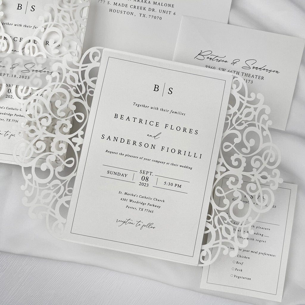 Minimalism White Wedding Invitations, 5x7 Laser Cut Invites Cards and Vellum Bellyband Picky Bride Invitations 30 x $3.0 ea. 