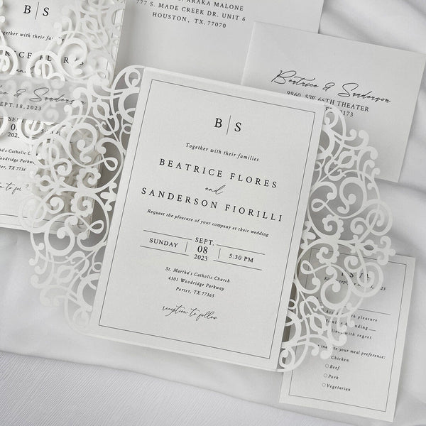 Minimalism White Wedding Invitations, 5x7 Laser Cut Invites Cards and Vellum Bellyband Picky Bride Invitations 30 x $3.0 ea. 