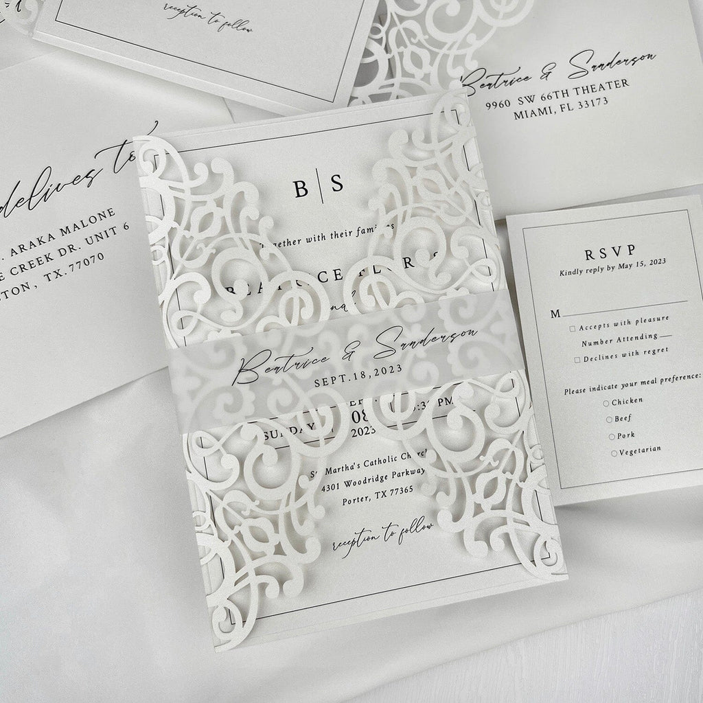Minimalism White Wedding Invitations, 5x7 Laser Cut Invites Cards and Vellum Bellyband Picky Bride Invitations + RSVP (+$0.6) 1 Sample 