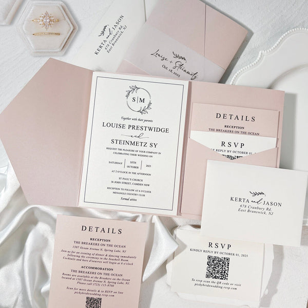 Minimalist Ivory and Blush Pink Wedding Invitation Set, Elegant Pearl Trifold Pocket Invites with Personalized Printed Vellum Belly Band, QR Code RSVP and Detail Cards Wedding Ceremony Supplies Picky Bride 