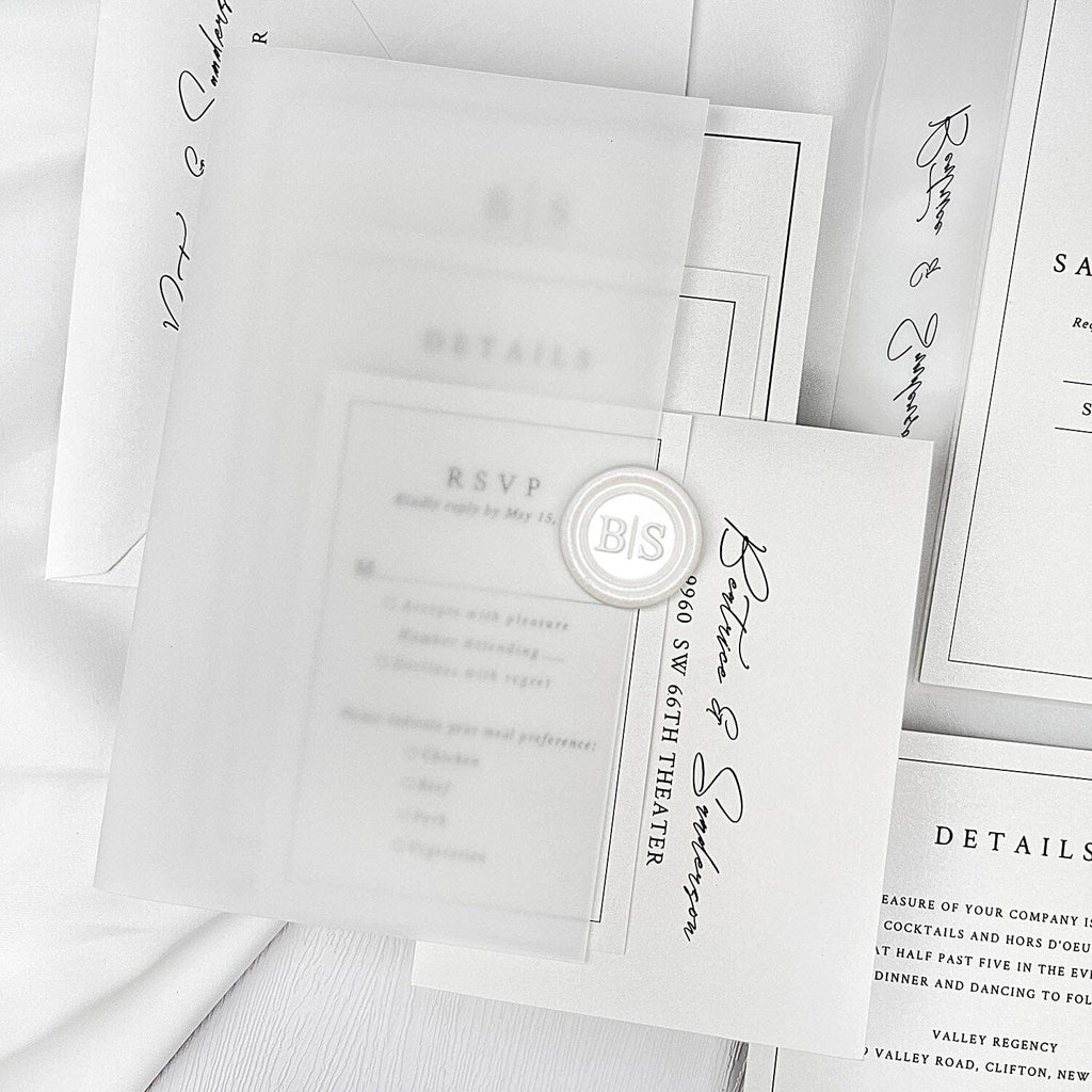 Minimalist Ivory Wedding Invitation Set, Neutral White Wedding Invites With Translucent Vellum Jacket, Personalized Pearl Wax Seal Picky Bride 