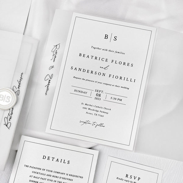 Minimalist Ivory Wedding Invitation Set, Neutral White Wedding Invites With Translucent Vellum Jacket, Personalized Pearl Wax Seal Picky Bride 