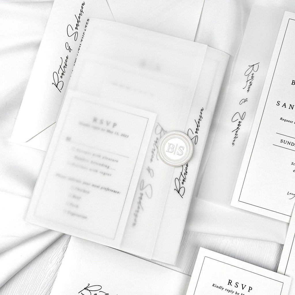 Minimalist Ivory Wedding Invitation Set, Neutral White Wedding Invites With Translucent Vellum Jacket, Personalized Pearl Wax Seal Picky Bride 