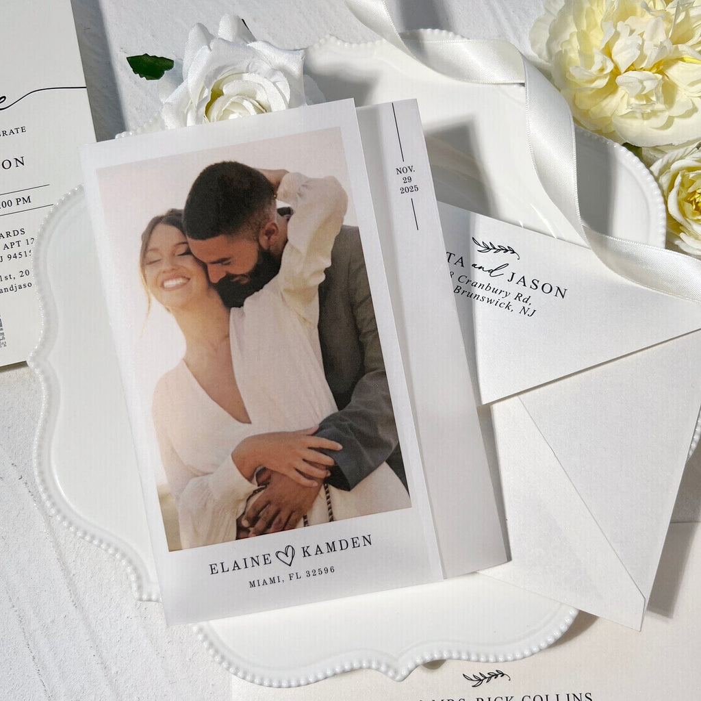 Minimalist Photo Printed Vellum Wedding Invitation, Personalized QR Code Invitation, Neutral White Wedding Invites Picky Bride 