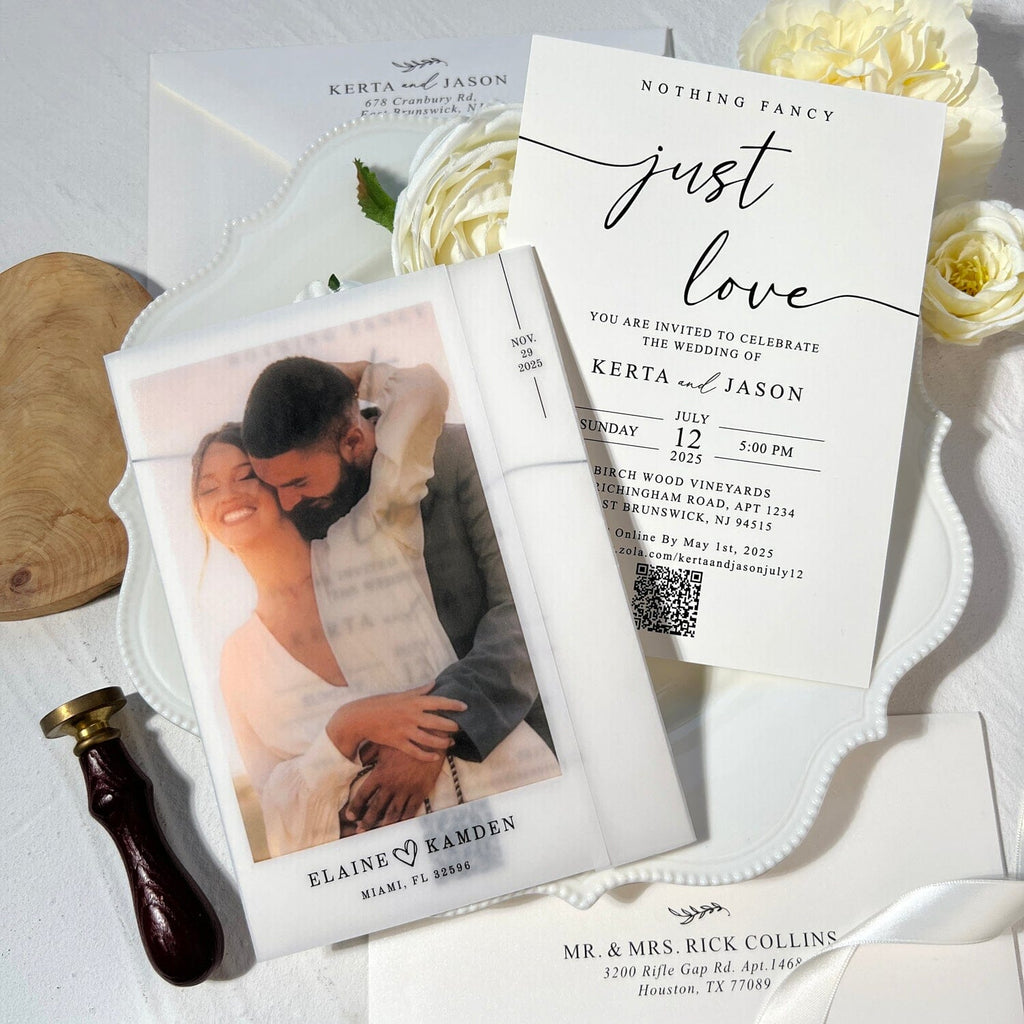 Minimalist Photo Printed Vellum Wedding Invitation, Personalized QR Code Invitation, Neutral White Wedding Invites Picky Bride 