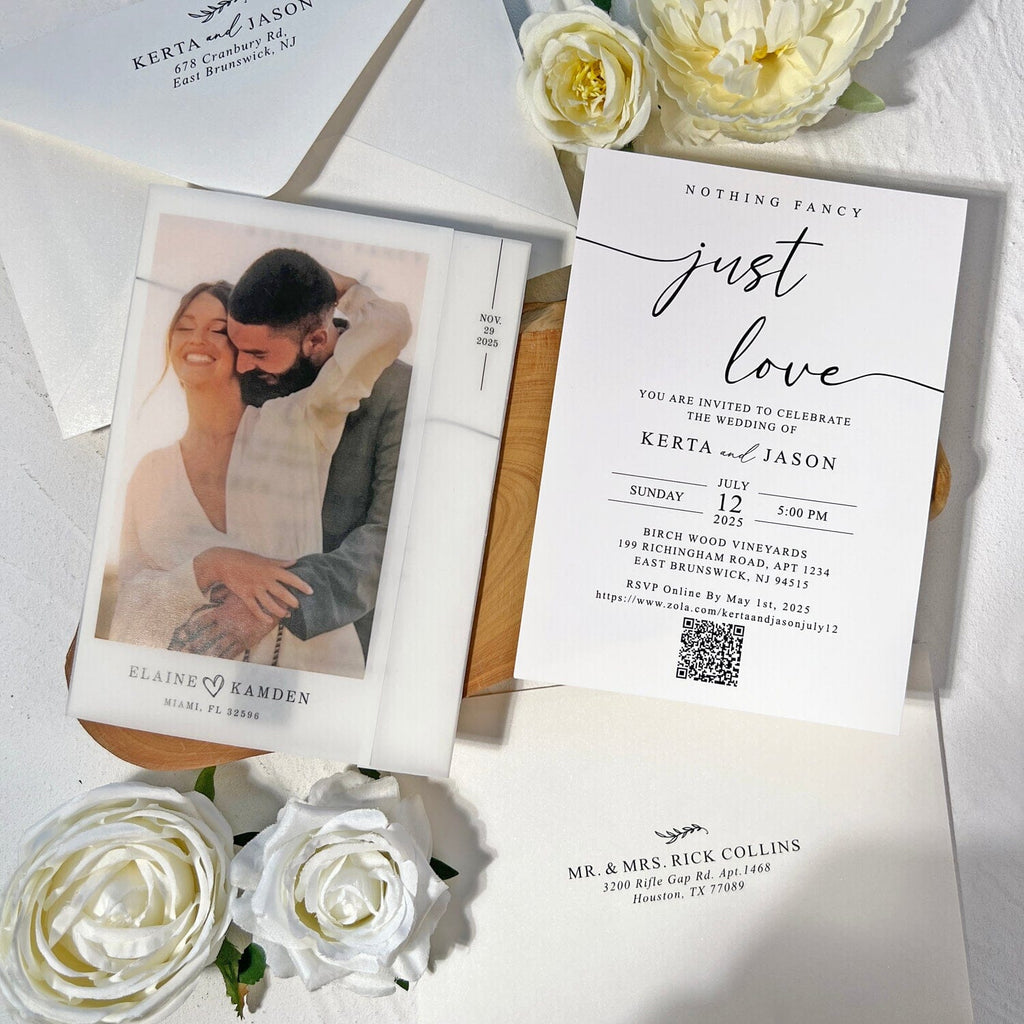 Minimalist Photo Printed Vellum Wedding Invitation, Personalized QR Code Invitation, Neutral White Wedding Invites Picky Bride 