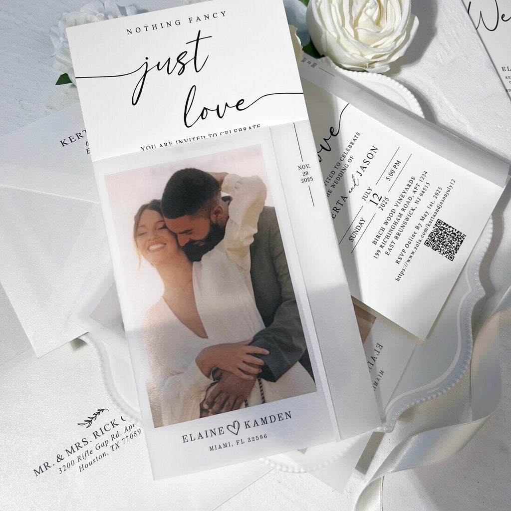 Minimalist Photo Printed Vellum Wedding Invitation, Personalized QR Code Invitation, Neutral White Wedding Invites Picky Bride 