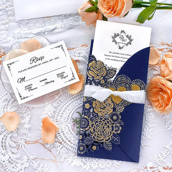 Navy and Gold Embossed Wedding Invitation Set, Elegant Laser Cut Floral and heart Wedding Invites with Silk Ribbon, Matched RSVP Wedding Ceremony Supplies Picky Bride 