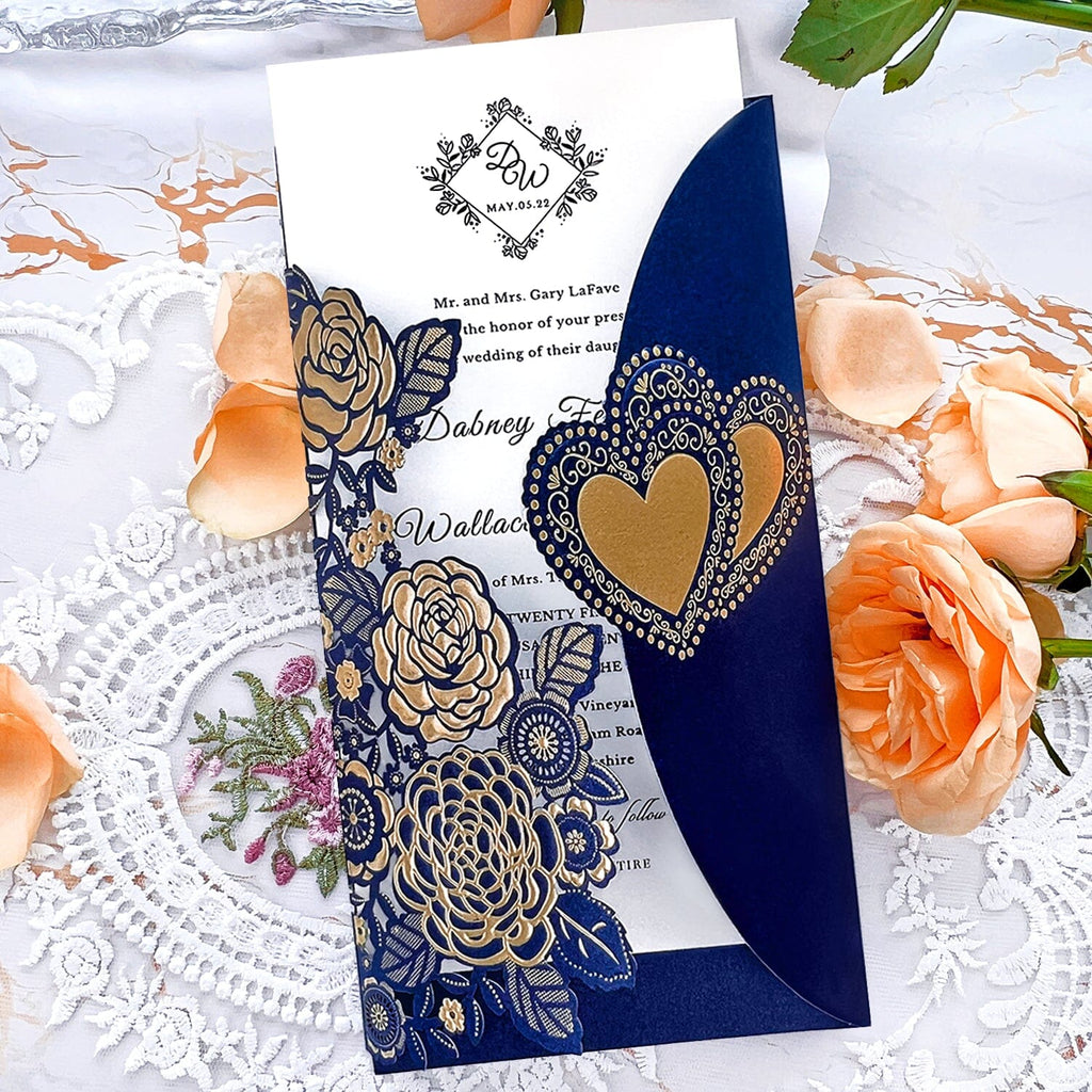 Navy and Gold Embossed Wedding Invitation Set, Elegant Laser Cut Floral and heart Wedding Invites with Silk Ribbon, Matched RSVP Wedding Ceremony Supplies Picky Bride 