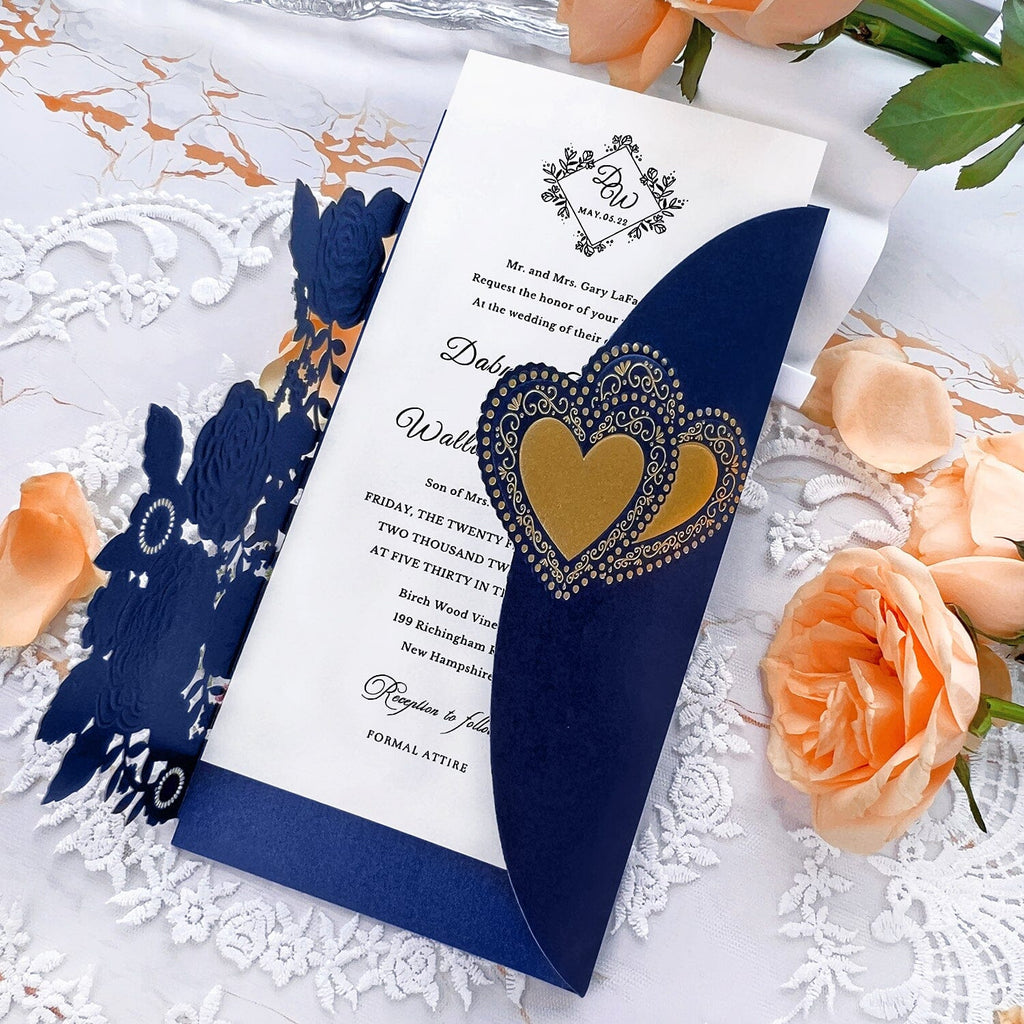 Navy and Gold Embossed Wedding Invitation Set, Elegant Laser Cut Floral and heart Wedding Invites with Silk Ribbon, Matched RSVP Wedding Ceremony Supplies Picky Bride 
