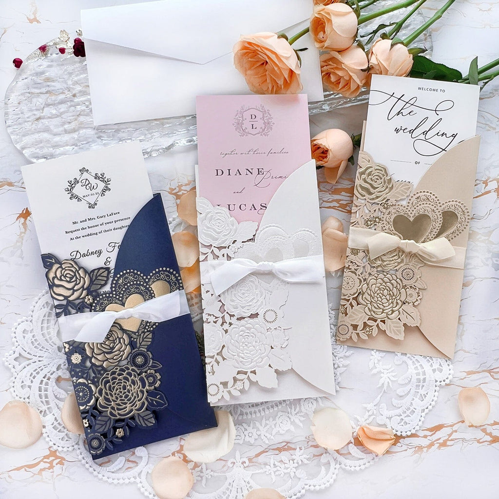 Navy and Gold Embossed Wedding Invitation Set, Elegant Laser Cut Floral and heart Wedding Invites with Silk Ribbon, Matched RSVP Wedding Ceremony Supplies Picky Bride 