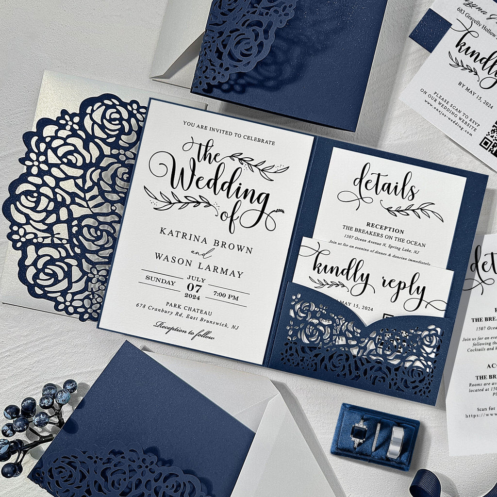 Navy Blue Pocket Laser Cut Wedding Invitations with RSVP Cards, Navy Rose Invitation Set Wedding Ceremony Supplies Picky Bride 