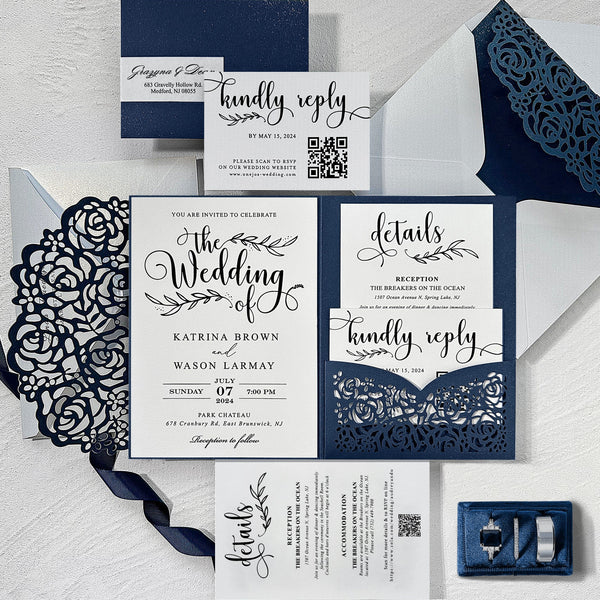 Navy Blue Pocket Laser Cut Wedding Invitations with RSVP Cards, Navy Rose Invitation Set Wedding Ceremony Supplies Picky Bride 