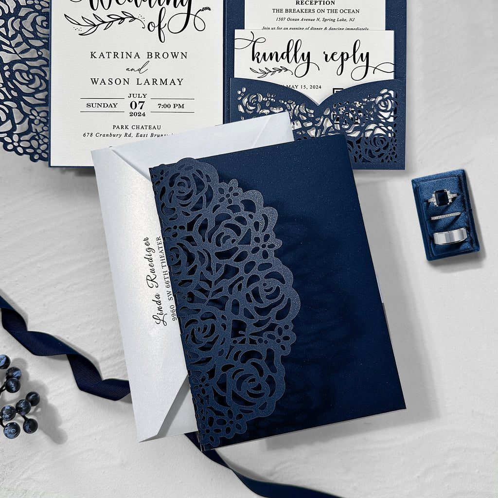 Navy Blue Pocket Laser Cut Wedding Invitations with RSVP Cards, Navy Rose Invitation Set Wedding Ceremony Supplies Picky Bride 
