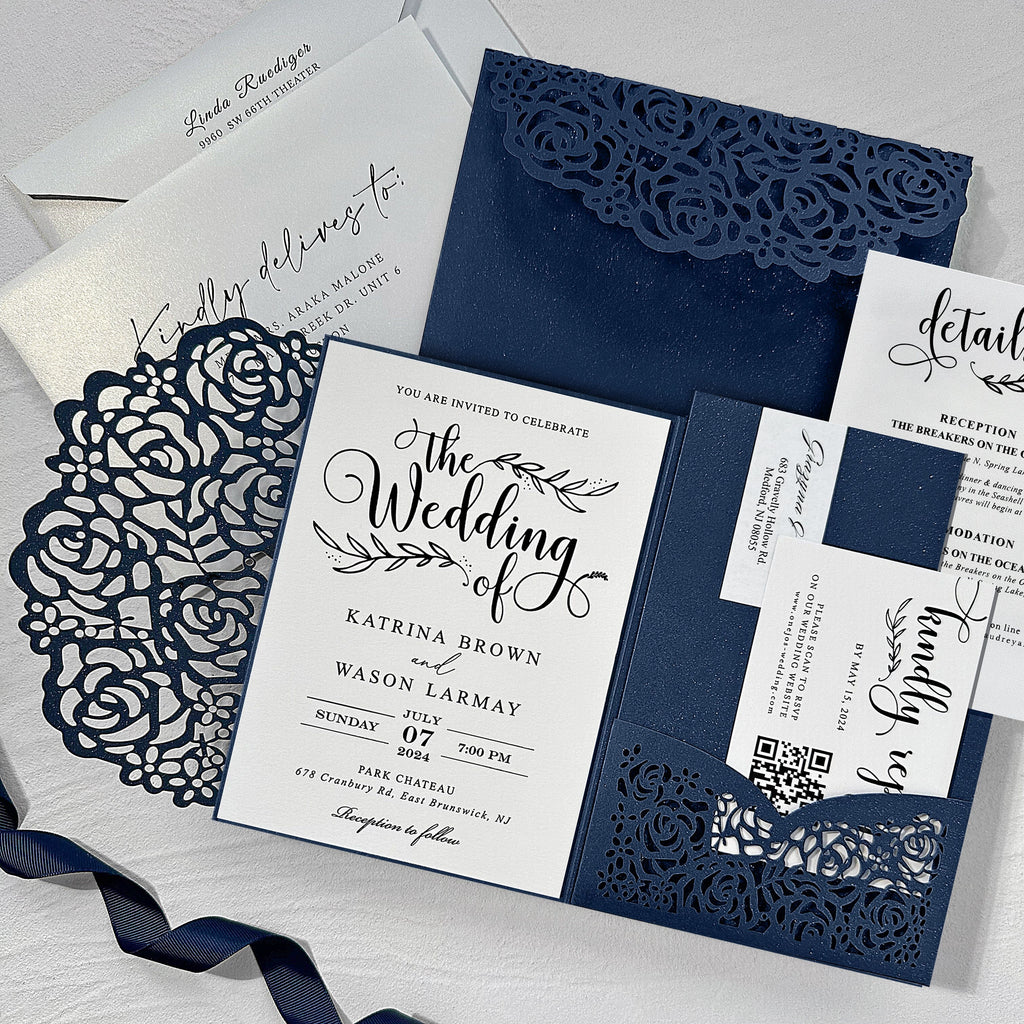 Navy Blue Pocket Laser Cut Wedding Invitations with RSVP Cards, Navy Rose Invitation Set Wedding Ceremony Supplies Picky Bride 