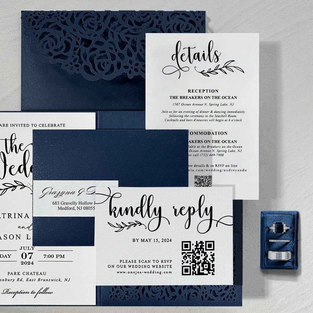 Navy Blue Pocket Laser Cut Wedding Invitations with RSVP Cards, Navy Rose Invitation Set Wedding Ceremony Supplies Picky Bride 